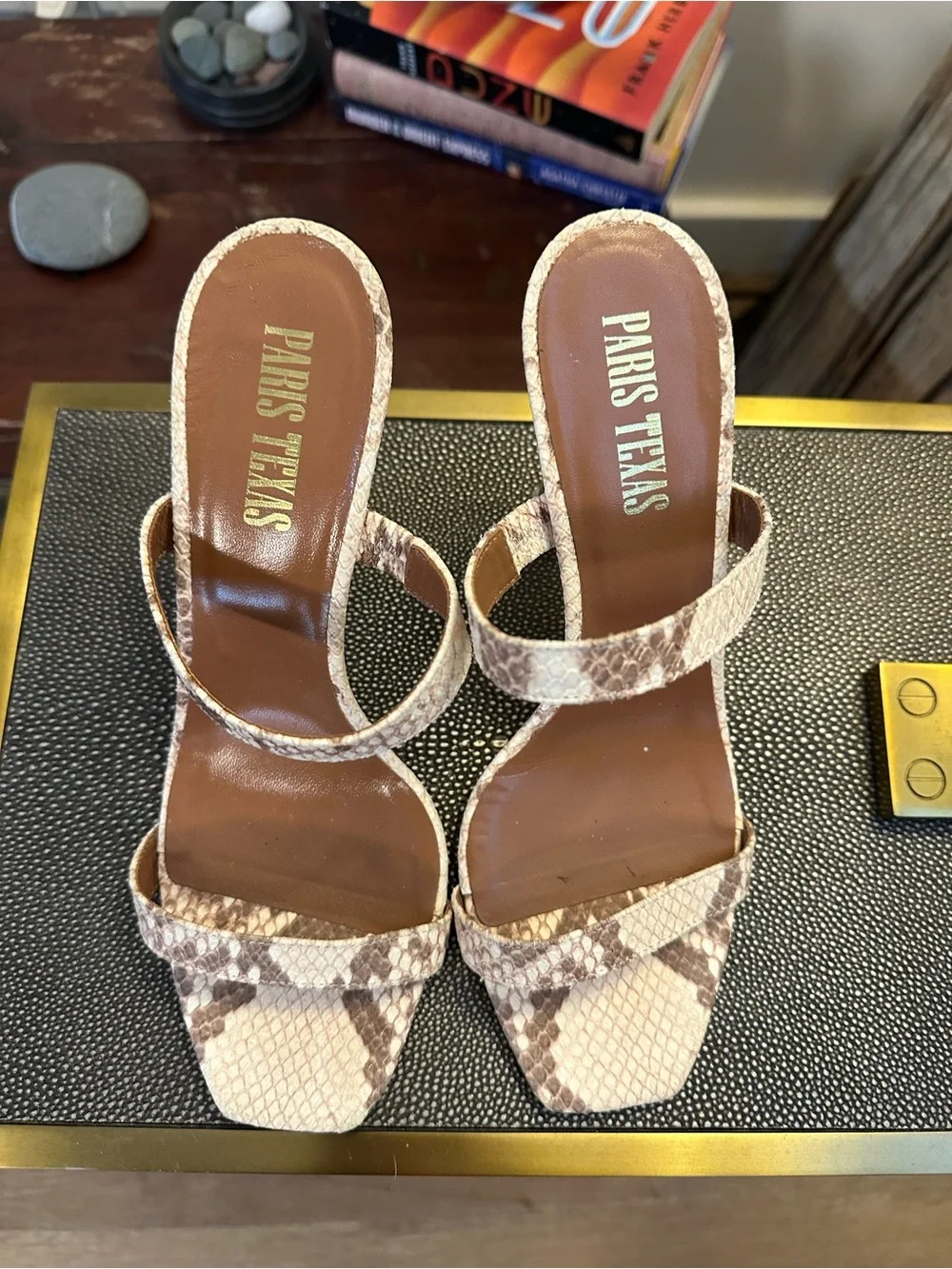 Paris Texas Snake-Print Square-Toe Heeled Sandals